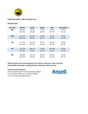 (Hot Water Suit) Sizing Chart - Ansell Protective Solutions