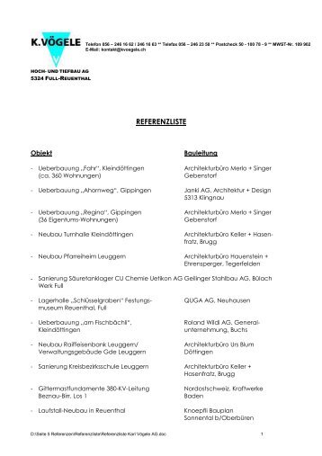 REFERENZLISTE - Karl Vögele Hoch & Tiefbau AG