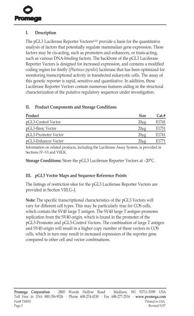 pGL3 Luciferase Reporter Vectors Technical Manual #TM033