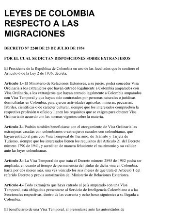 LEYES DE COLOMBIA RESPECTO A LAS MIGRACIONES - cimal