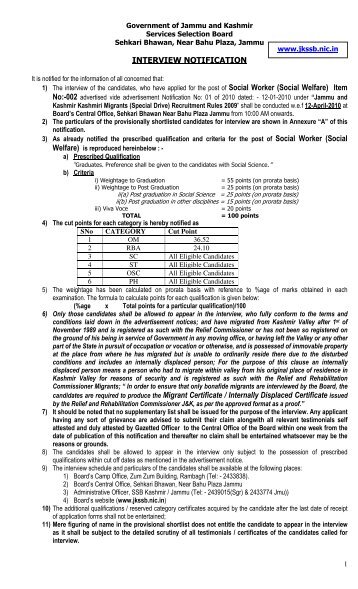 INTERVIEW NOTIFICATION Social Worker (Social Welfare) Item ...