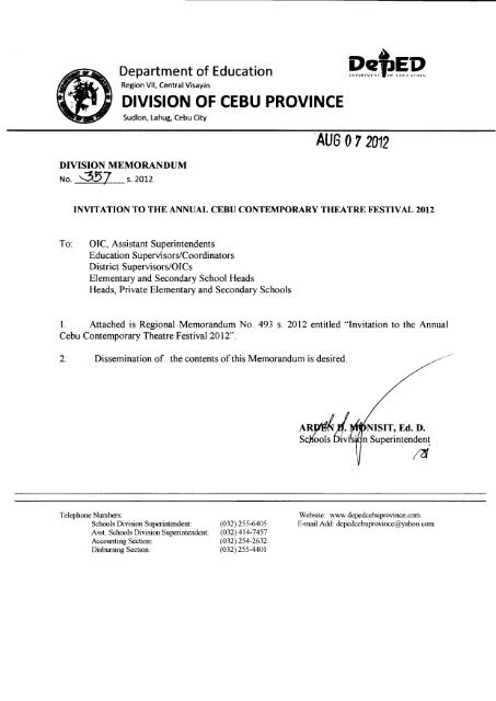 Memo No. 357, S. 2012 - DepEd Cebu Province