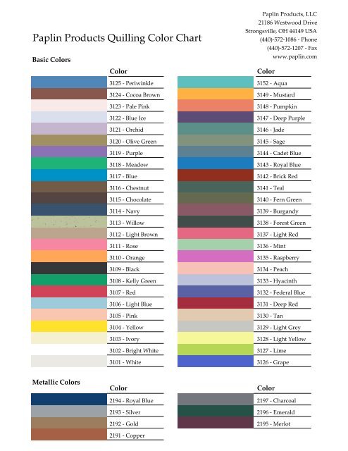 Paplin Products Quilling Color Chart - Custom Quilling