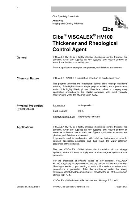 Ciba VISCALEX HV100 Thickener and Rheological Control Agent