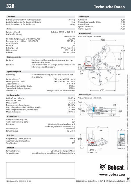 Technische Daten Bagger 328 - Bobcat.eu