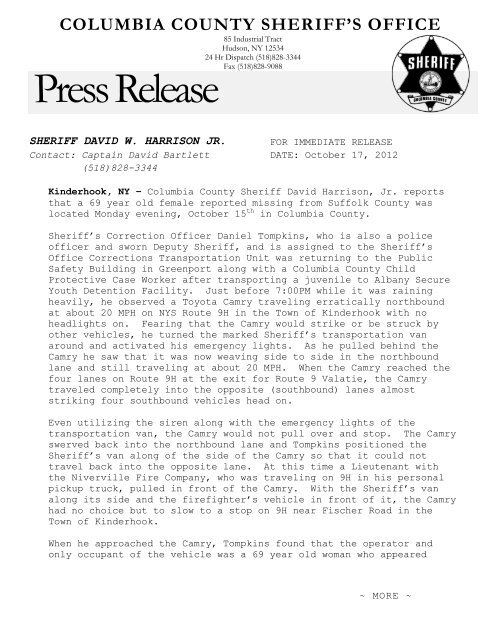 Press Release - the Columbia County NY Sheriff's Office