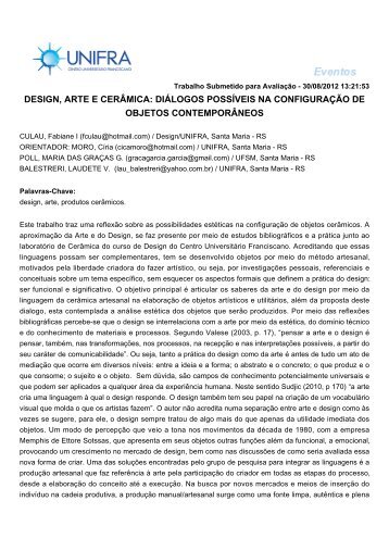design, arte e cerâmica: diálogos possíveis na configuração - Unifra