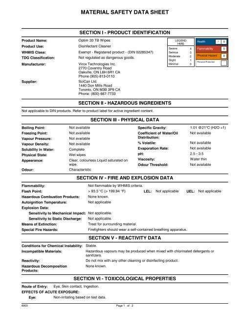 OPTIM 33TB wipes MSDS sheet - Scican.uk.com