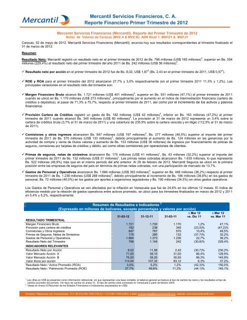 Mercantil Servicios Financieros, C. A. Reporte Financiero Primer ...