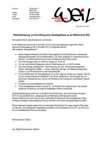 Bedarfserhebung zur Einrichtung einer Ganztagsklasse an der ...