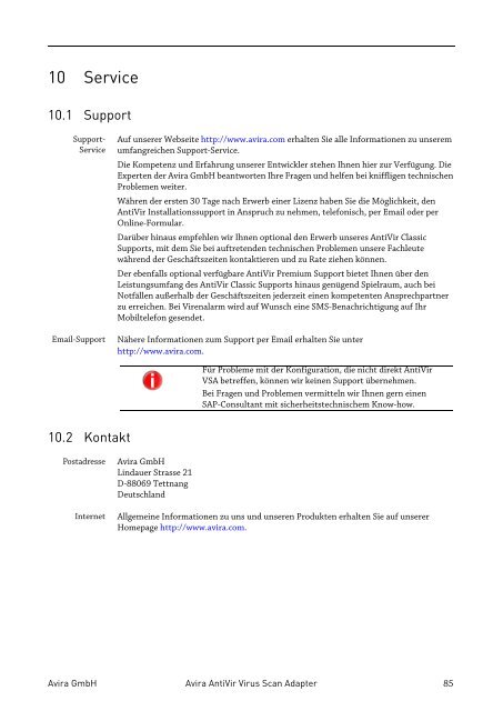 Benutzerhandbuch - Avira Antivir Virus Scan Adapter for SAP