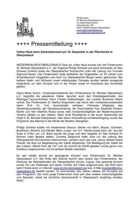 Pressemitteilung - FÃ¶rderverein St. Michael Oberjosbach eV