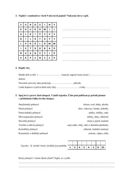 NEROSTNÉ BOHATSTVÍ, PRŮMYSL – PRACOVNÍ LIST