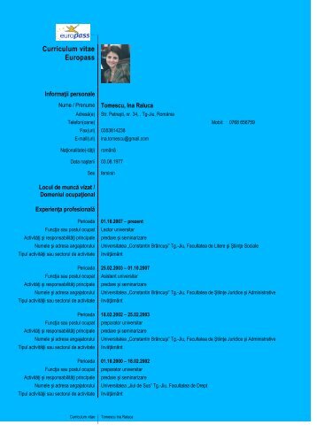 Curriculum vitae Europass - Universitatea "Constantin BrÃ¢ncuÅi"
