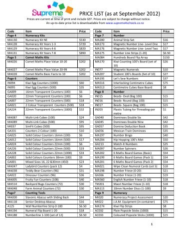 PRICE LIST (as at September 2012) - Supreme 4 Schools