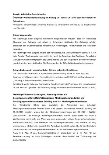 Sitzungsbericht Gemeinderat vom 20.01.2012 - Stadt Schwaigern