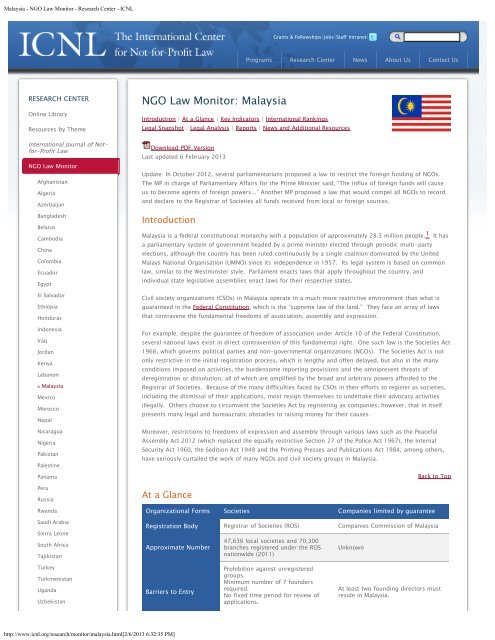 Malaysia Ngo Law Monitor Research Center Icnl The