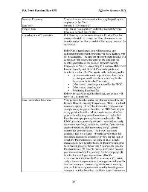 U.S. Bank Pension Plan Summary Plan Description