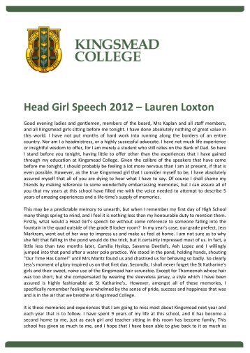 Head Girl Speech 2012 â Lauren Loxton - Kingsmead College