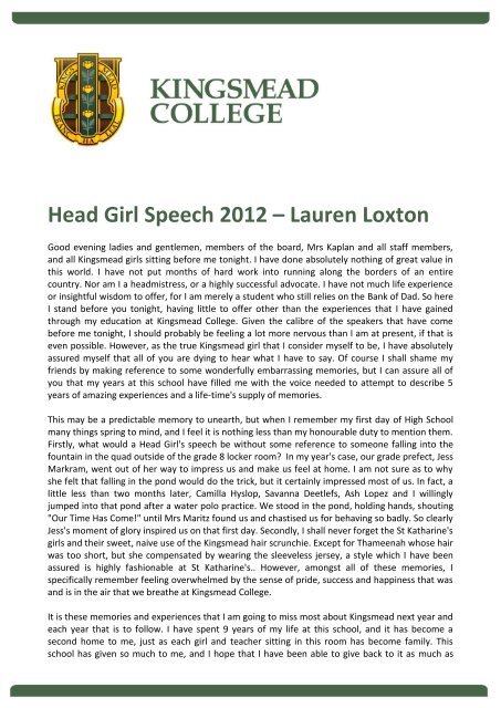 welcome speech by head girl