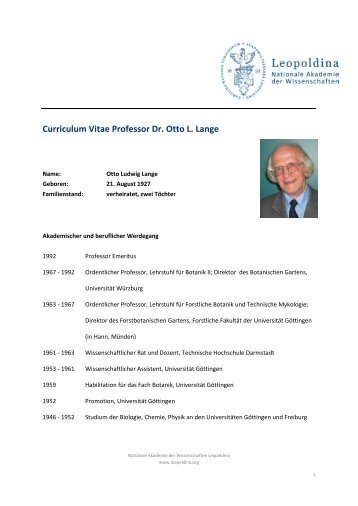 Curriculum Vitae Professor Dr. Otto L. Lange - Leopoldina