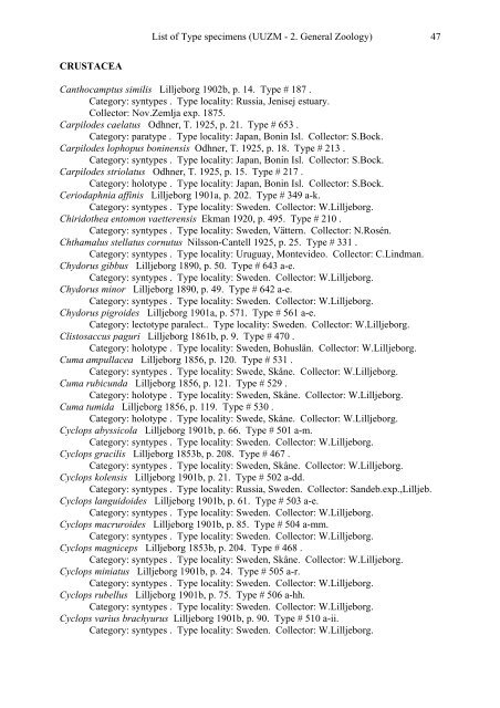 Catalogue of type specimens 2. General Zoology - Evolutionsmuseet