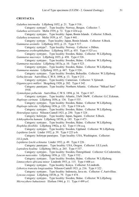 Catalogue of type specimens 2. General Zoology - Evolutionsmuseet