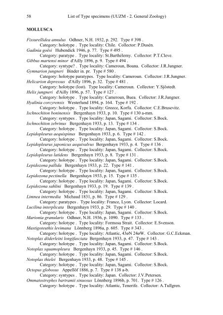 Catalogue of type specimens 2. General Zoology - Evolutionsmuseet