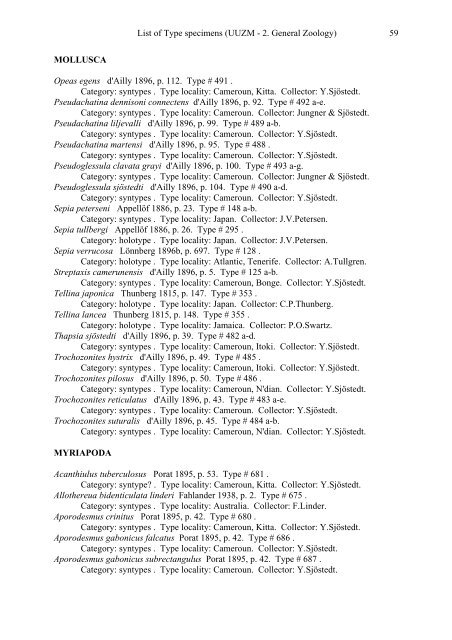 Catalogue of type specimens 2. General Zoology - Evolutionsmuseet