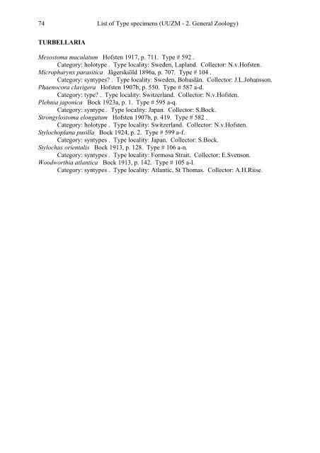 Catalogue of type specimens 2. General Zoology - Evolutionsmuseet