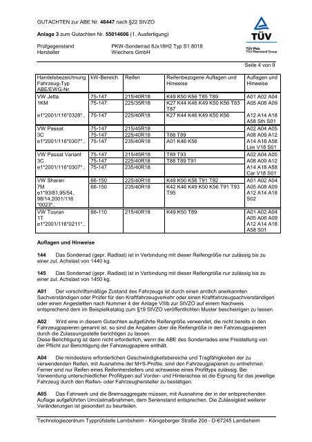 GUTACHTEN zur ABE Nr.  46447 nach §22 StVZO - bei Wiechers ...