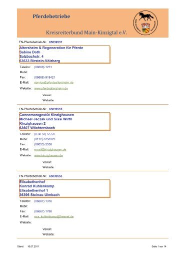 Kreisreiterbund Main-Kinzigtal e.V. Pferdebetriebe