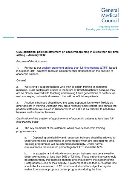 Additional position statement on academic training in a LTFT setting