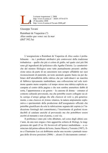 Giuseppe Tavani Raimbaut de Vaqueiras - Lecturae tropatorum
