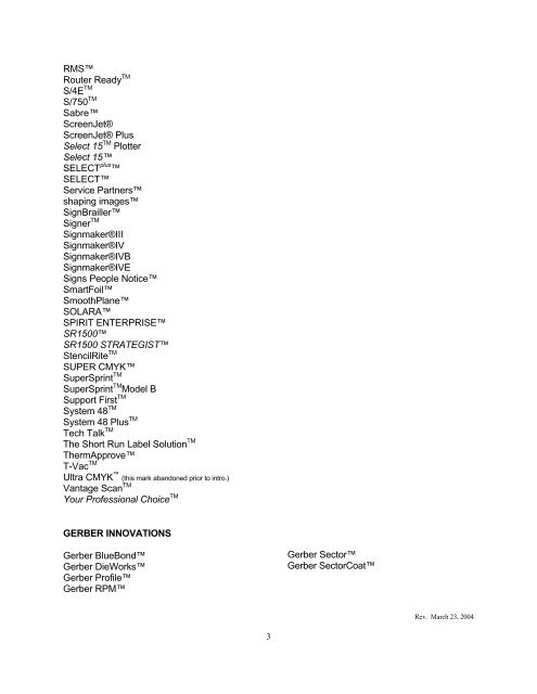 gsp trademarks and registered trademarks - Gerber Scientific Products