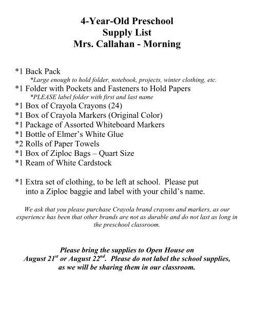 4-Year-Old Preschool Supply List Mrs. Callahan - Morning