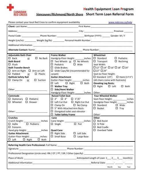 Basic Equipment Referral Form - Canadian Red Cross