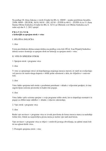 Pravilnik o kriterijih za sprejem otrok v vrtec 2012 - OÅ  dr. Ivan ...