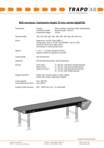 Belt conveyor, framework height 70 mm, series 9gfg070k