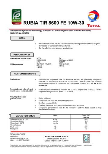 Download the product's technical sheet - Total Lubrifiants Fuel ...