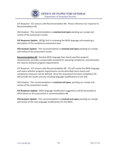 The Performance of 287(g) Agreements FY 2012 Follow-Up