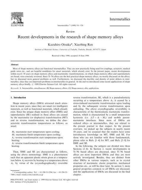 Recent developments in the research of shape memory alloys