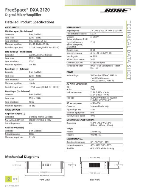 FreeSpace DXA 2120 Digital Mixer/Amplifier - Tech Data Sheet - Bose