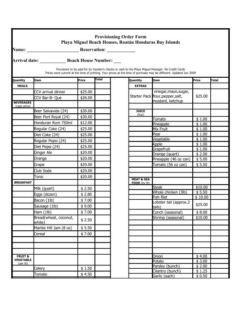 Provision List - Roatan Charter