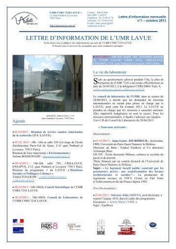 LETTRE D'INFORMATION DE L'UMR LAVUE - UMR CNRS 7218 ...