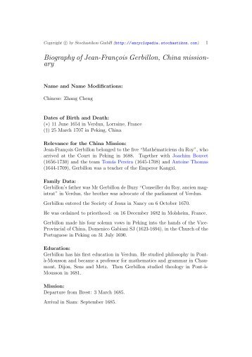 Biography of Jean-François Gerbillon, China mission- ary