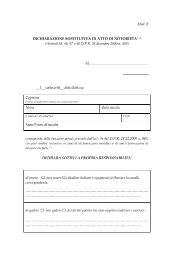 Mod. B DICHIARAZIONE SOSTITUTIVA DI ATTO DI NOTORIETA' (1 ...