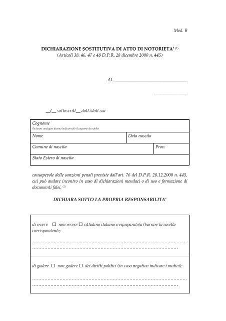 Mod. B DICHIARAZIONE SOSTITUTIVA DI ATTO DI NOTORIETA' (1 ...