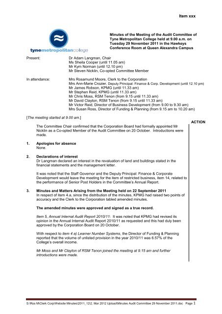 Format for Governors Meeting Minutes - Tyne Metropolitan College