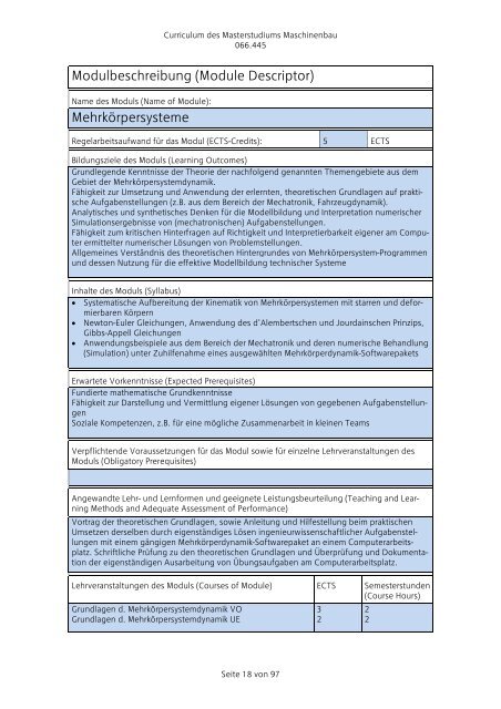 Curriculum für das Masterstudium Maschinenbau 066.445